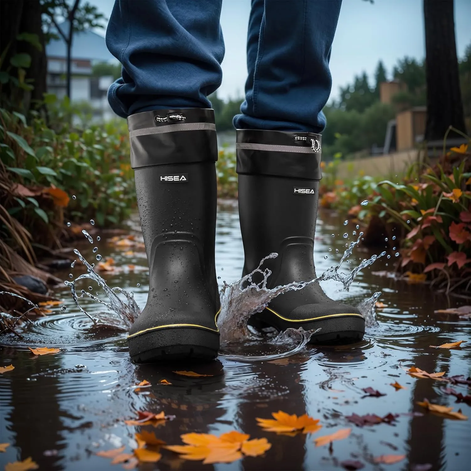 HISEA Men's Rubber Rain Boots Waterproof Durable Non Slip Mid Calf Boots for Garden Fishing Outdoor with Adjustable Closure
