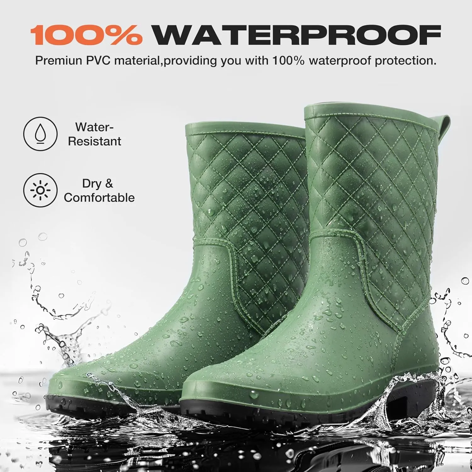 HISEA Rain Boots for Women, Lightweight Fashion Rubber Boots Mid Height Waterproof Garden Shoes Women's Rain Footwear