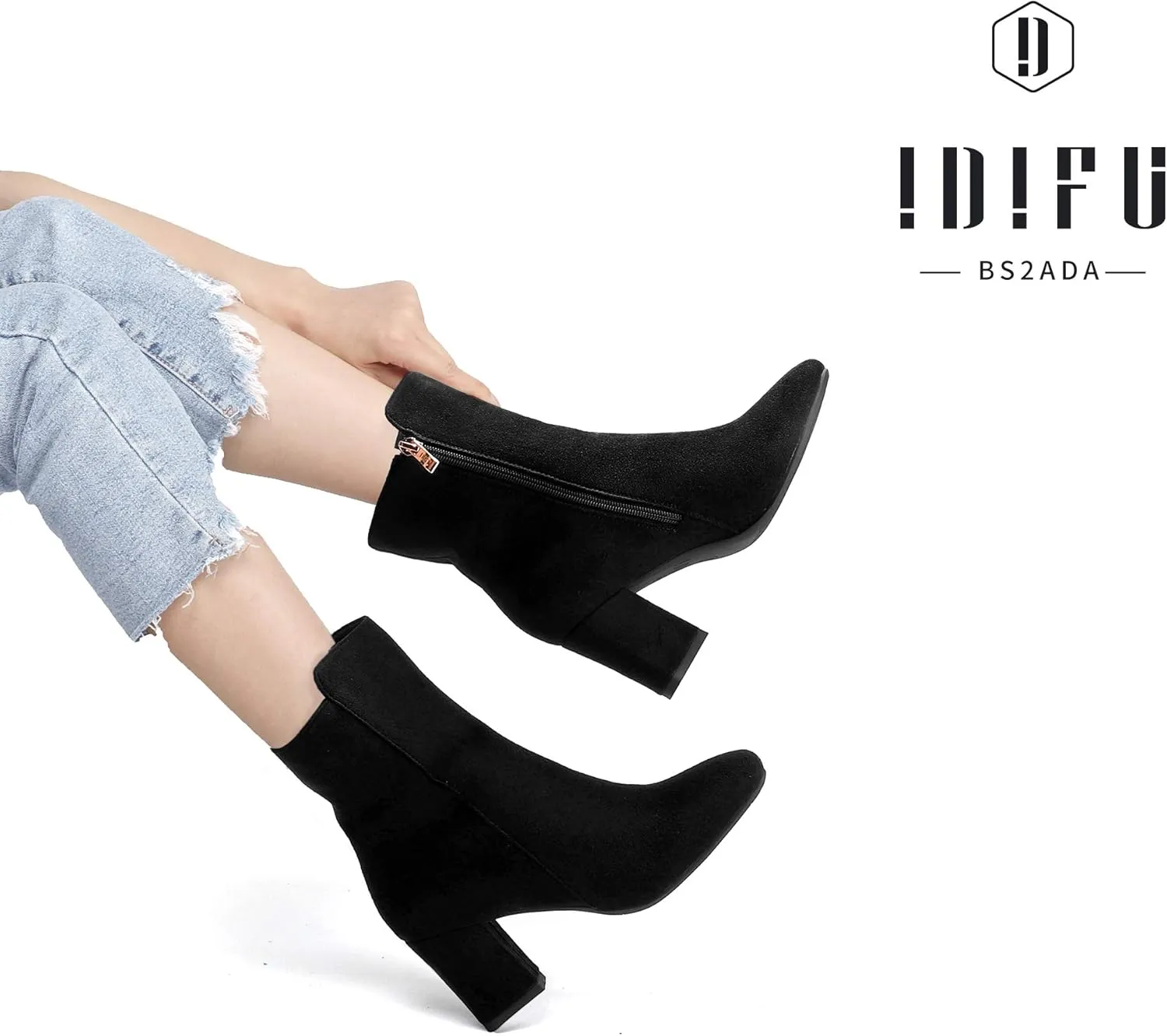 IDIFU Women's Ada Fashion Square Toe Ankle Boots Low Block Heel Short Boots Side Zipper Booties Shoes- Half Size Larger