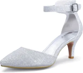 IDIFU Women's IN3 D'Orsay Pumps Low Kitten Heels for Women Dress Shoes Pointed Closed Toe Wedding Bride Ankle Strap Dressy Silver Black Nude White Gold Heels for Women