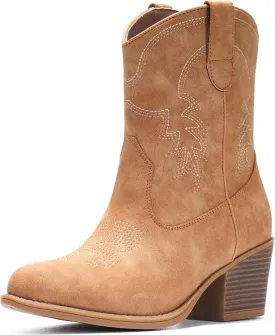 IXU Cowboy Boots for Women Ankle Cowgirl Booties Wide Mid Calf Pointed Toe Western Boots Short Chunky Classic Booties