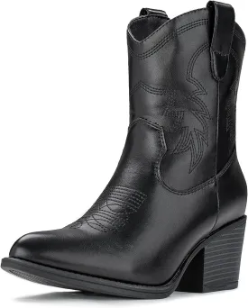 IXU Cowboy Boots for Women Ankle Cowgirl Booties Wide Mid Calf Pointed Toe Western Boots Short Chunky Classic Booties