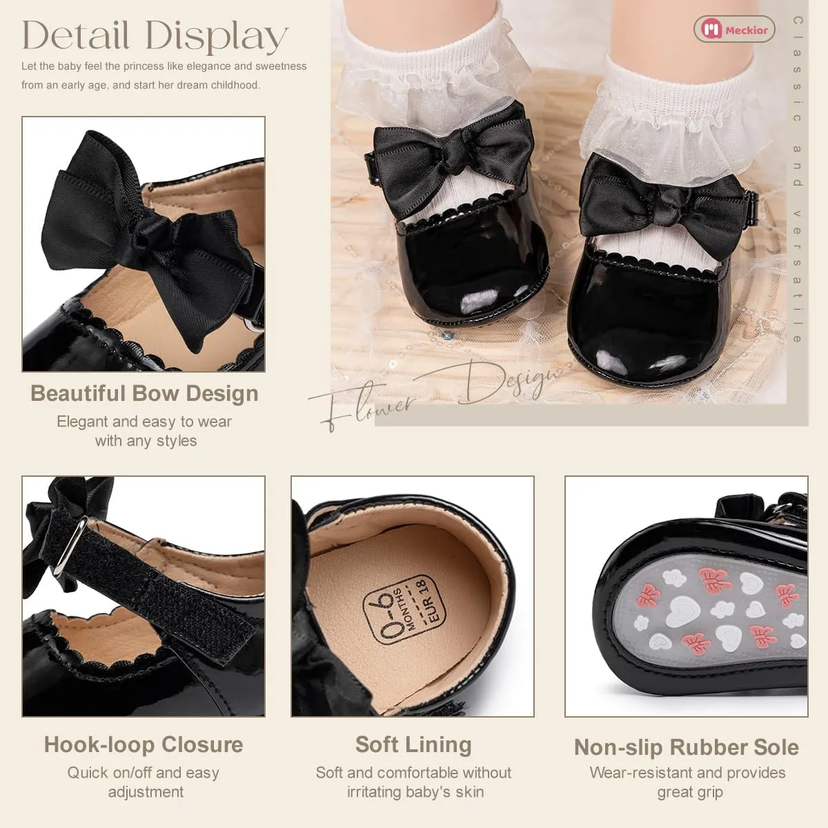 Meckior Infant Baby Girls Boys Handmade Princess Flats Toddler First Walkers Soft PU Leather Non-Slip Crib Wedding Dress Shoes