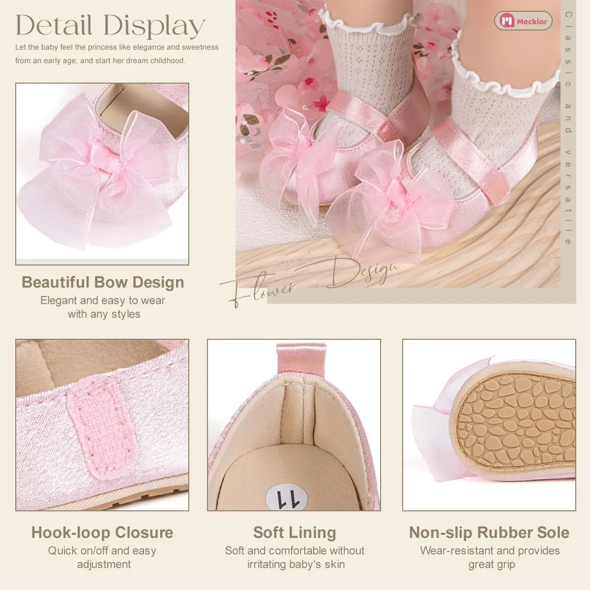 Meckior Infant Baby Girls Boys Handmade Princess Flats Toddler First Walkers Soft PU Leather Non-Slip Crib Wedding Dress Shoes