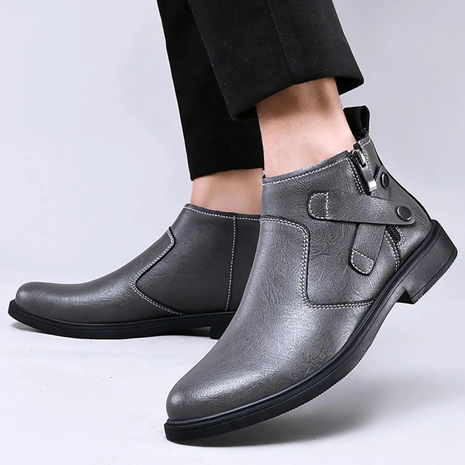 Men's Genuine Leather Chelsea Boots with Buckle Strap Autumn Winter Fashion Side Zipper Comfortable Fur Lining Business Oxford Boots Casual Dress Chukka Boots