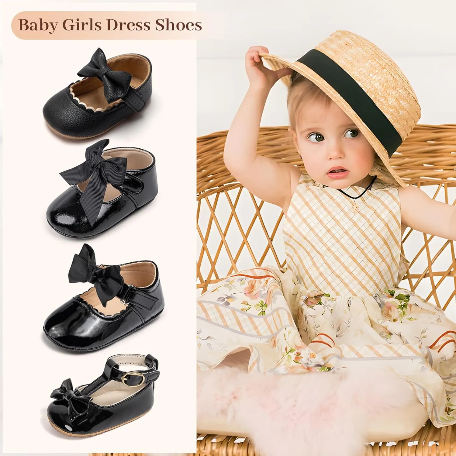 Oamico Infant Baby Girls Mary Jane Flats Non Slip Rubber Sole with Bownot Toddler First Walkers Princess Wedding Dress Shoes