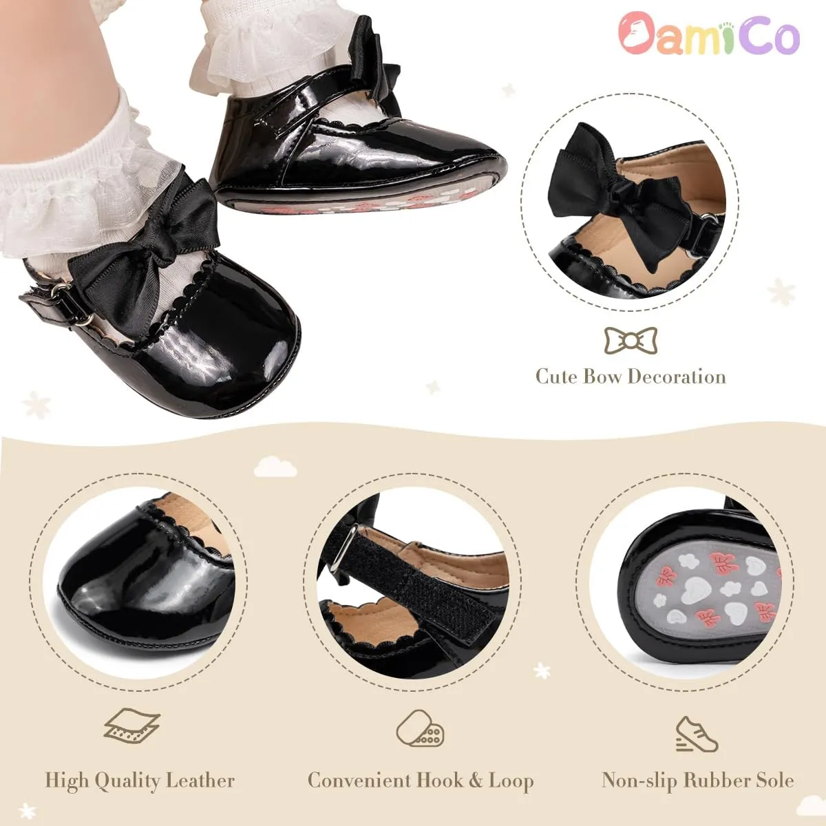 Oamico Infant Baby Girls Mary Jane Flats Non Slip Rubber Sole with Bownot Toddler First Walkers Princess Wedding Dress Shoes