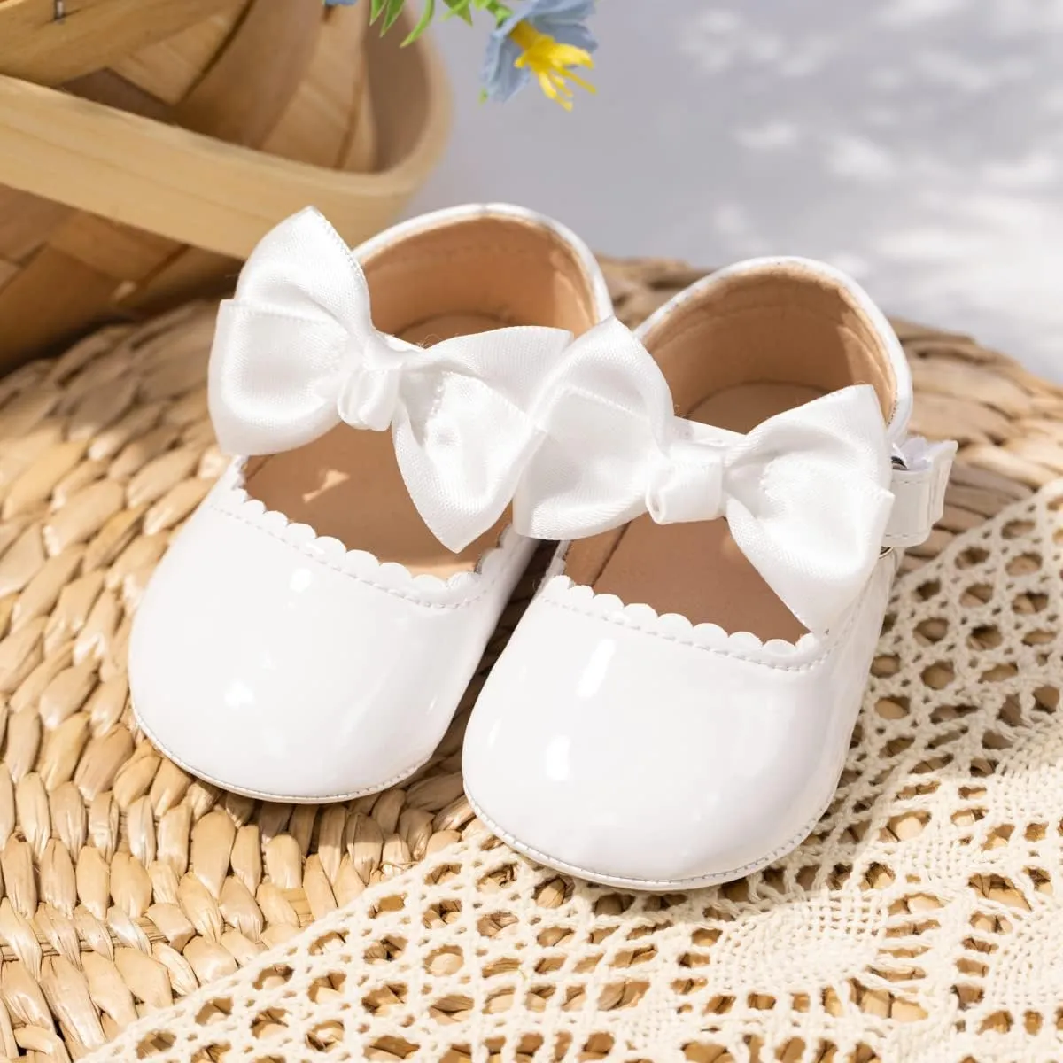 Oamico Infant Baby Girls Mary Jane Flats Non Slip Rubber Sole with Bownot Toddler First Walkers Princess Wedding Dress Shoes