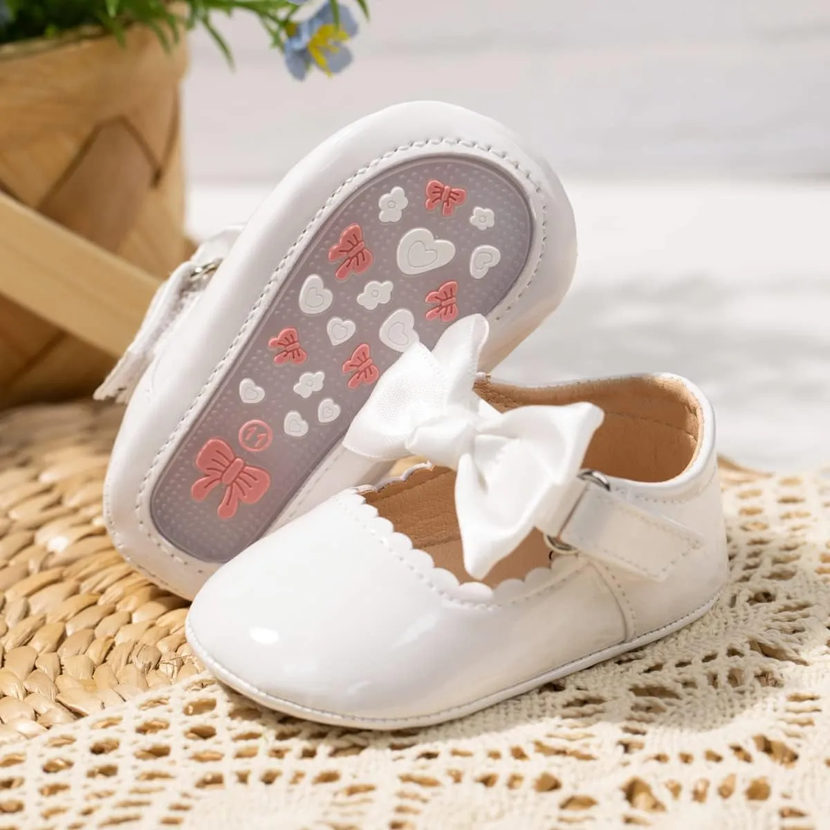 Oamico Infant Baby Girls Mary Jane Flats Non Slip Rubber Sole with Bownot Toddler First Walkers Princess Wedding Dress Shoes