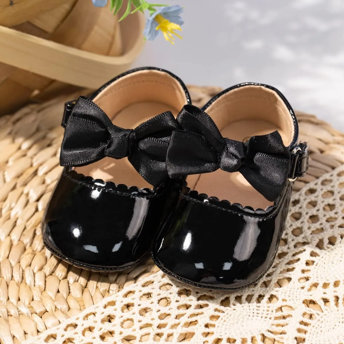 Oamico Infant Baby Girls Mary Jane Flats Non Slip Rubber Sole with Bownot Toddler First Walkers Princess Wedding Dress Shoes
