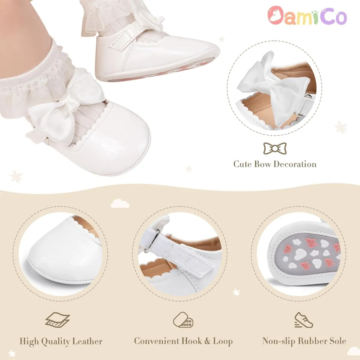 Oamico Infant Baby Girls Mary Jane Flats Non Slip Rubber Sole with Bownot Toddler First Walkers Princess Wedding Dress Shoes