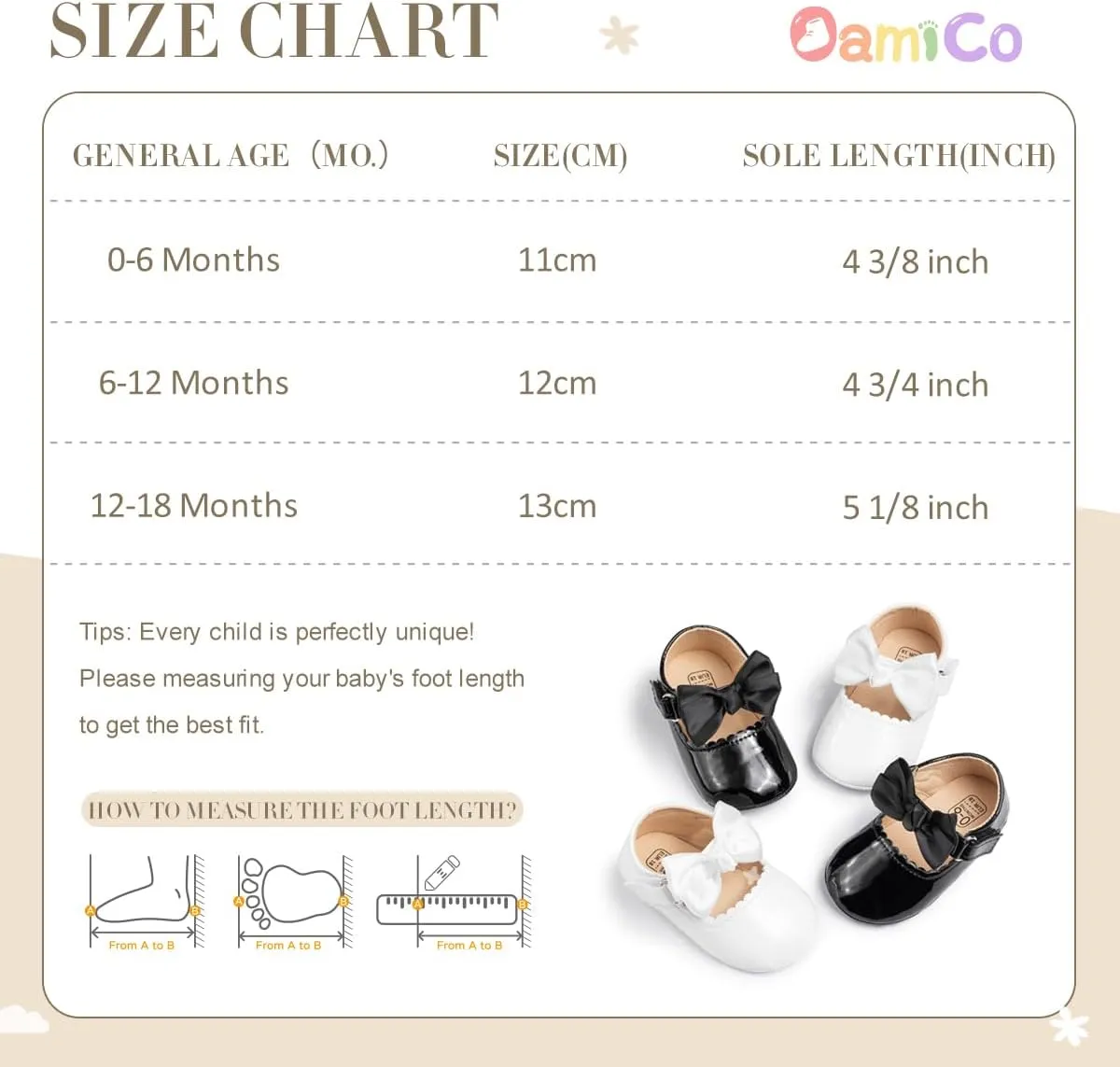 Oamico Infant Baby Girls Mary Jane Flats Non Slip Rubber Sole with Bownot Toddler First Walkers Princess Wedding Dress Shoes