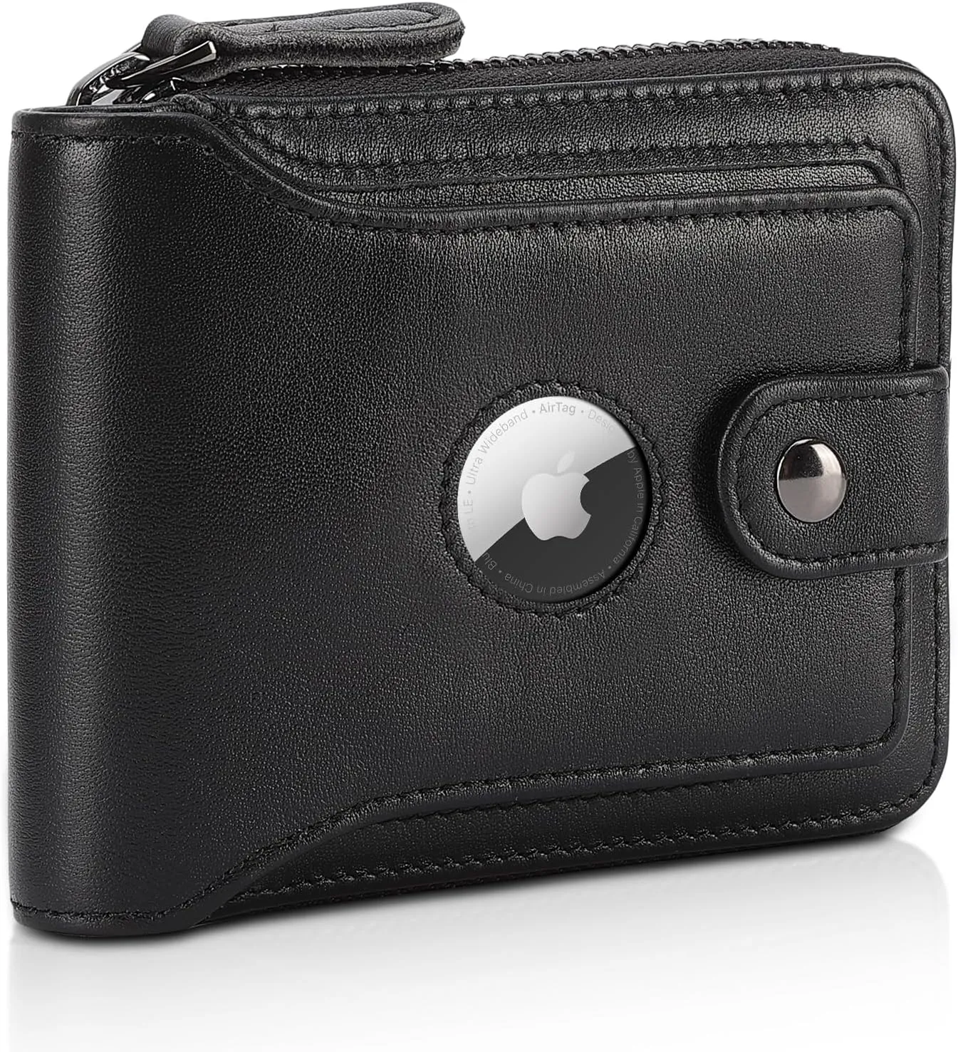 Polare Napa Leather Wallet for Men Bifold RFID Blocking Cash Credit Card Case with Air Tag Slot and YKK Zip Coin Pocket (Black with AirTag Slot)