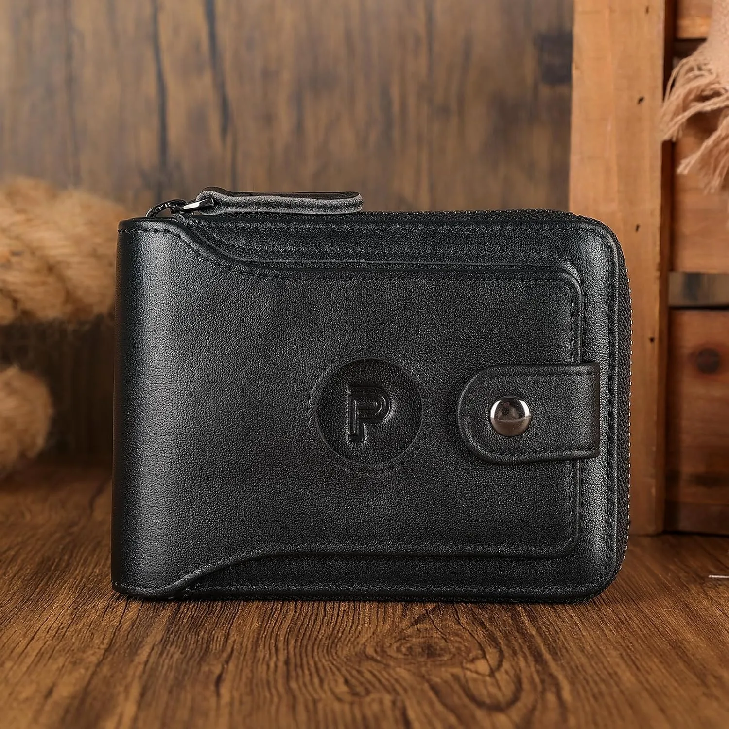 Polare Napa Leather Wallet for Men Bifold RFID Blocking Cash Credit Card Case with Air Tag Slot and YKK Zip Coin Pocket (Black with AirTag Slot)