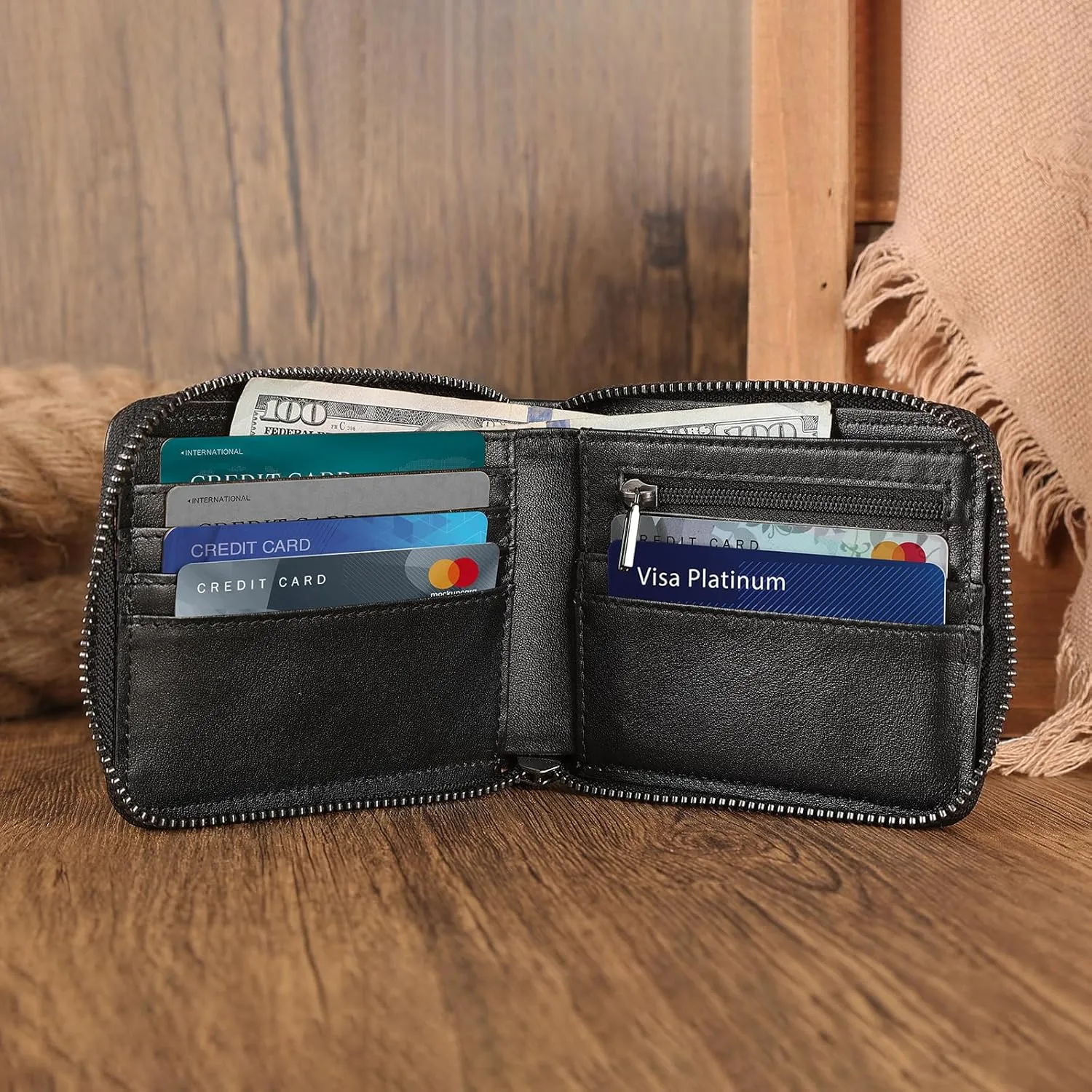 Polare Napa Leather Wallet for Men Bifold RFID Blocking Cash Credit Card Case with Air Tag Slot and YKK Zip Coin Pocket (Black with AirTag Slot)