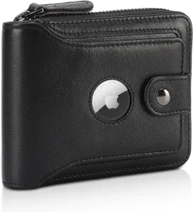 Polare Napa Leather Wallet for Men Bifold RFID Blocking Cash Credit Card Case with Air Tag Slot and YKK Zip Coin Pocket (Black with AirTag Slot)