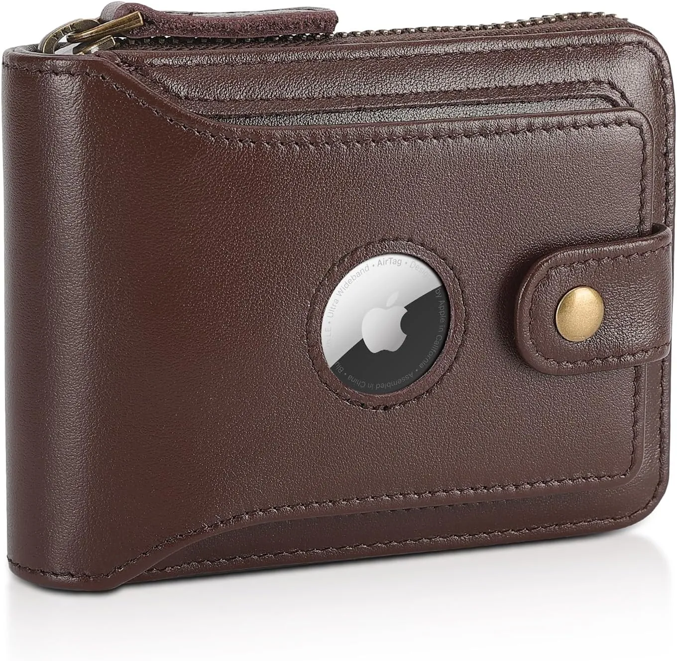 Polare Napa Leather Wallet for Men Bifold RFID Blocking Cash Credit Card Case with Air Tag Slot and YKK Zip Coin Pocket (Coffee with AirTag Slot)
