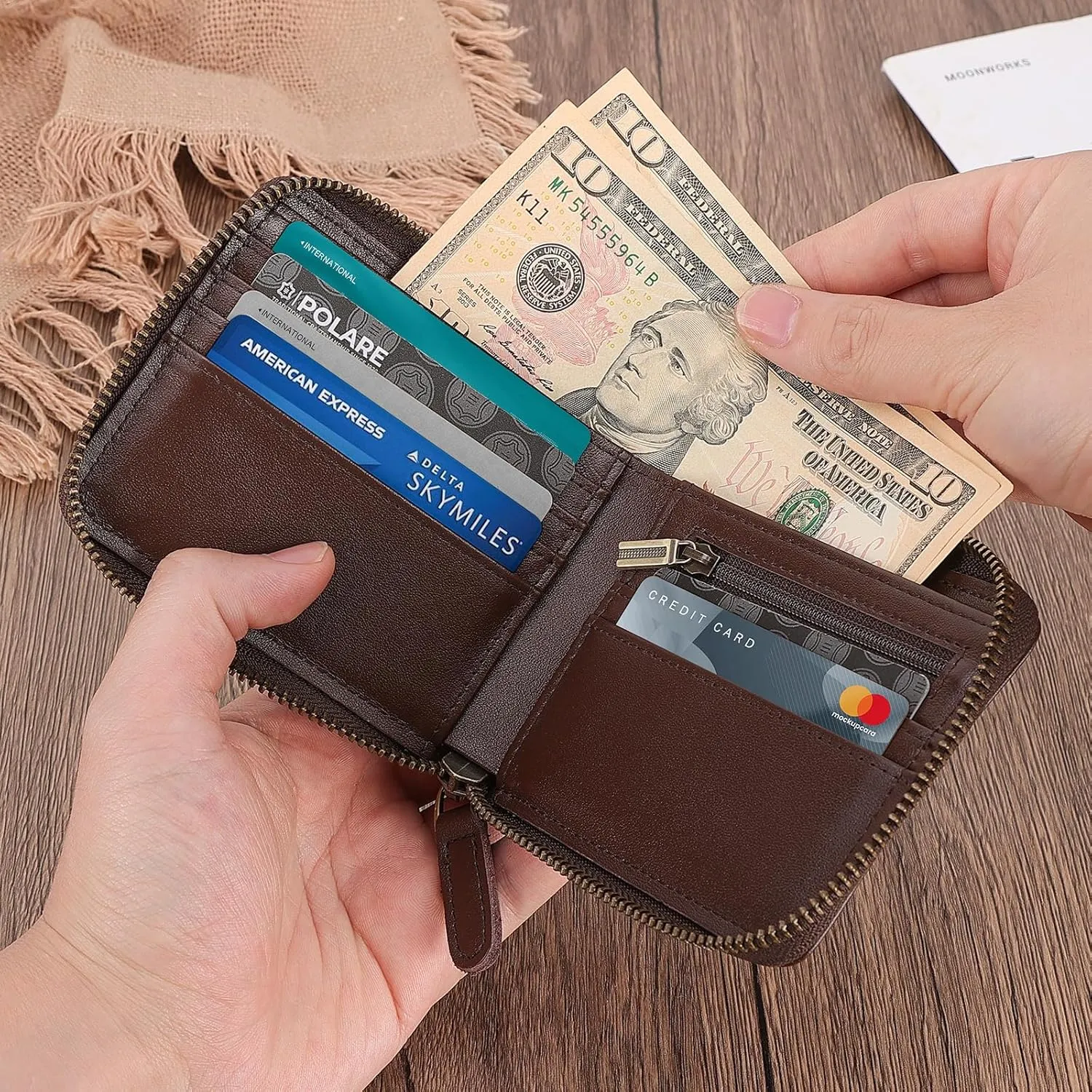 Polare Napa Leather Wallet for Men Bifold RFID Blocking Cash Credit Card Case with Air Tag Slot and YKK Zip Coin Pocket (Coffee with AirTag Slot)