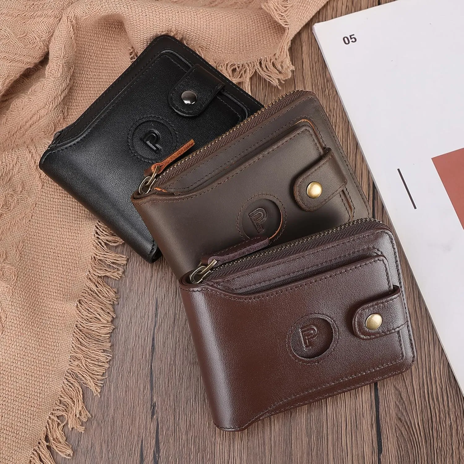Polare Napa Leather Wallet for Men Bifold RFID Blocking Cash Credit Card Case with Air Tag Slot and YKK Zip Coin Pocket (Coffee with AirTag Slot)