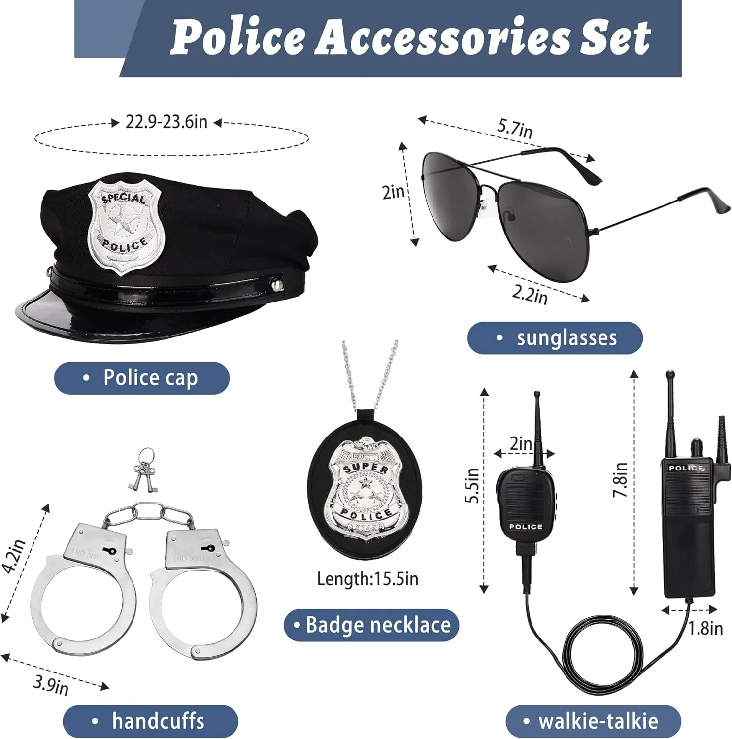 Police Costume Accessories Handcuffs Police Hat Badge Sunglasses Set Halloween Cop Swat Costume