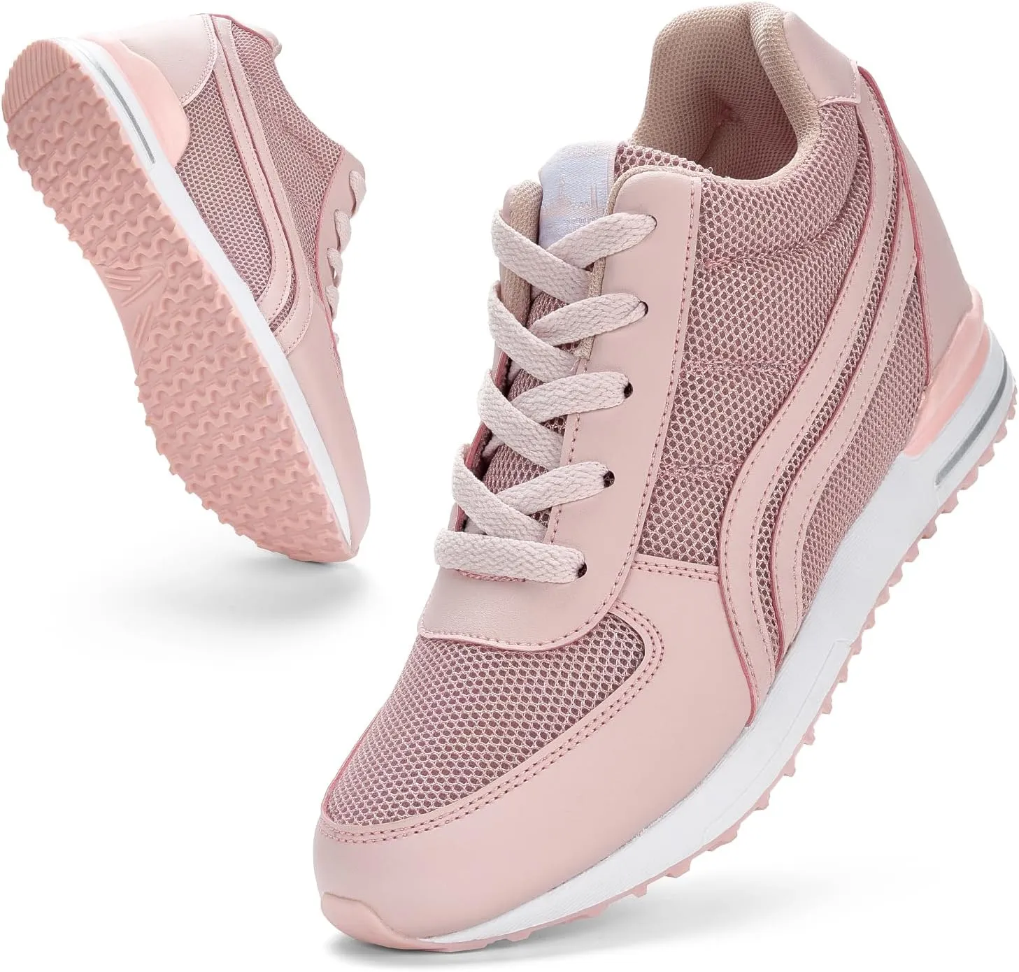 Sosenfer Hidden Heel Wedge Sneakers for Women Non-Slip Lace Up Walking Shoes Comfort Fashion Sneakers Ladies Platform Wedge Sneakers Breathable