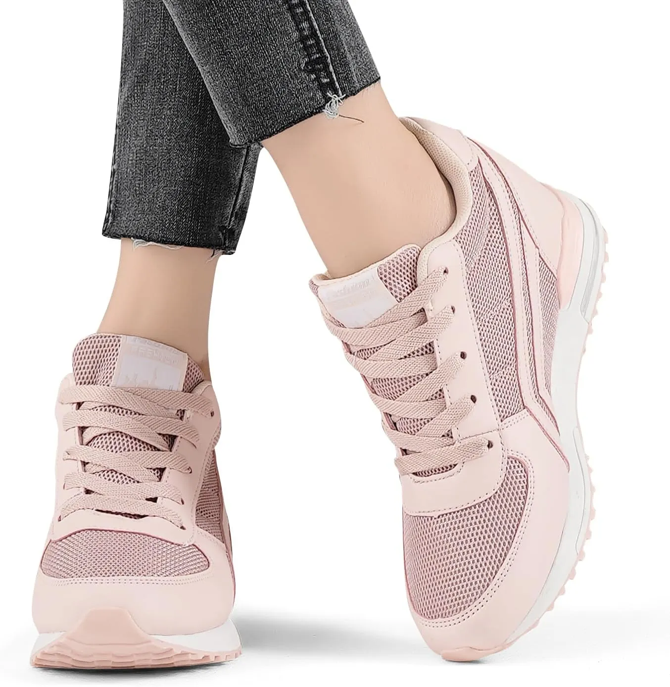 Sosenfer Hidden Heel Wedge Sneakers for Women Non-Slip Lace Up Walking Shoes Comfort Fashion Sneakers Ladies Platform Wedge Sneakers Breathable