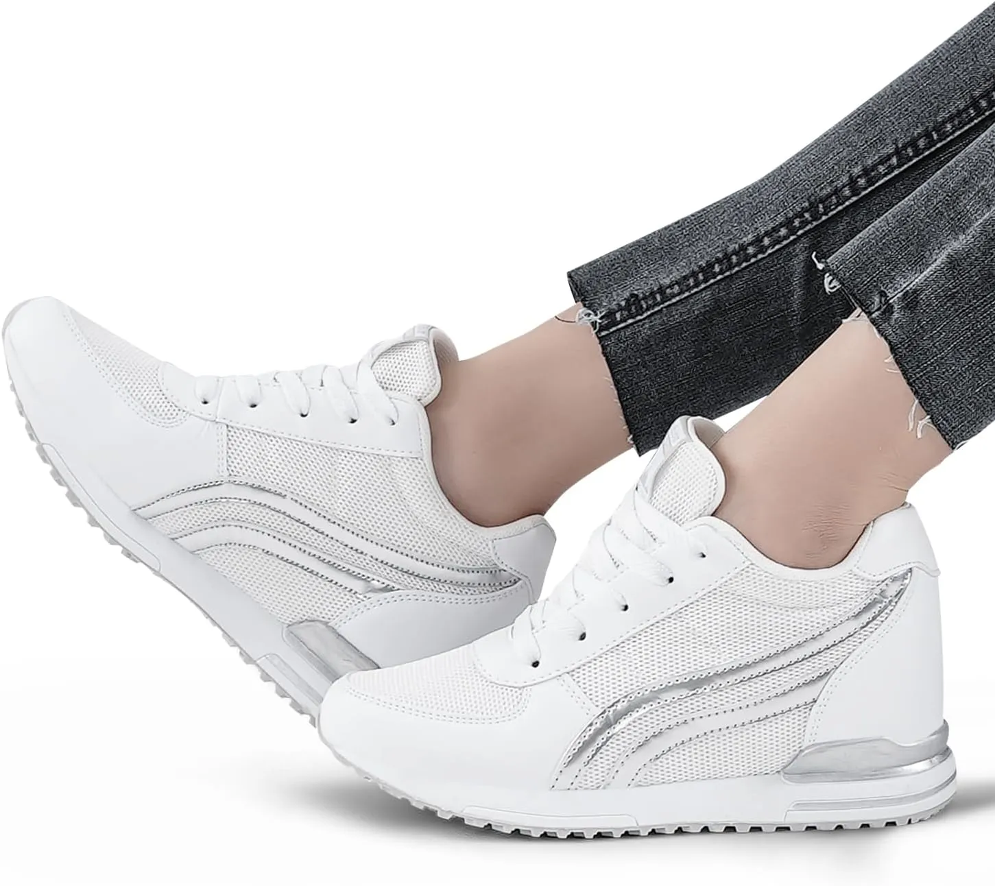 Sosenfer Hidden Heel Wedge Sneakers for Women Non-Slip Lace Up Walking Shoes Comfort Fashion Sneakers Ladies Platform Wedge Sneakers Breathable
