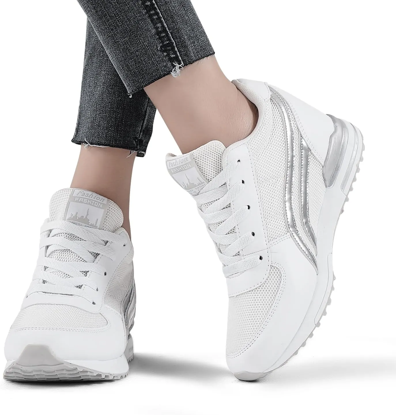 Sosenfer Hidden Heel Wedge Sneakers for Women Non-Slip Lace Up Walking Shoes Comfort Fashion Sneakers Ladies Platform Wedge Sneakers Breathable