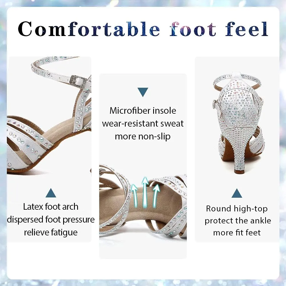 Women's Rhinestone Ballroom Dance Shoes Open Toe Latin Salsa Bachata Performance Dancing Shoes 3 Inch Heel