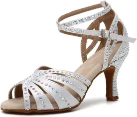 Women's Rhinestone Ballroom Dance Shoes Open Toe Latin Salsa Bachata Performance Dancing Shoes 3 Inch Heel