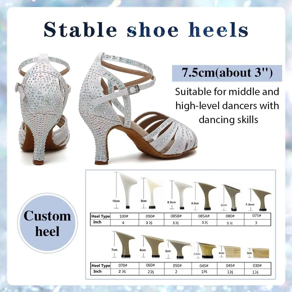 Women's Rhinestone Ballroom Dance Shoes Open Toe Latin Salsa Bachata Performance Dancing Shoes 3 Inch Heel