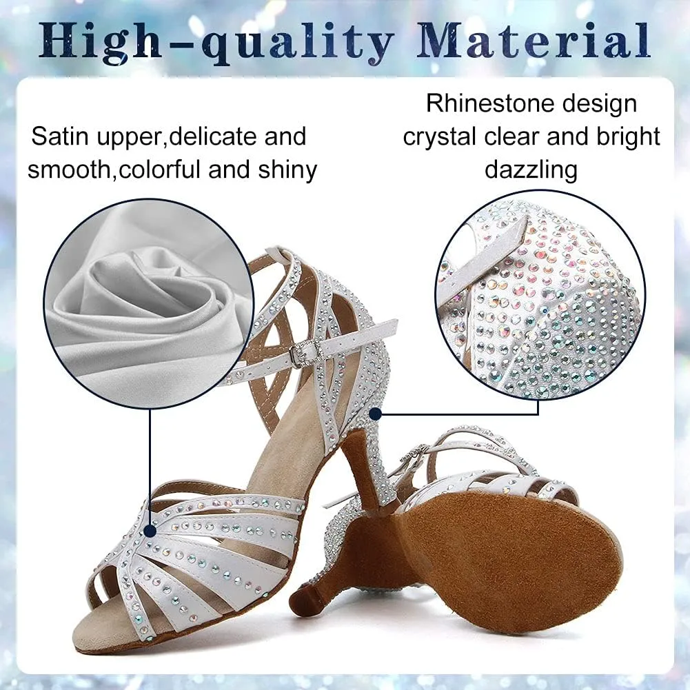Women's Rhinestone Ballroom Dance Shoes Open Toe Latin Salsa Bachata Performance Dancing Shoes 3 Inch Heel