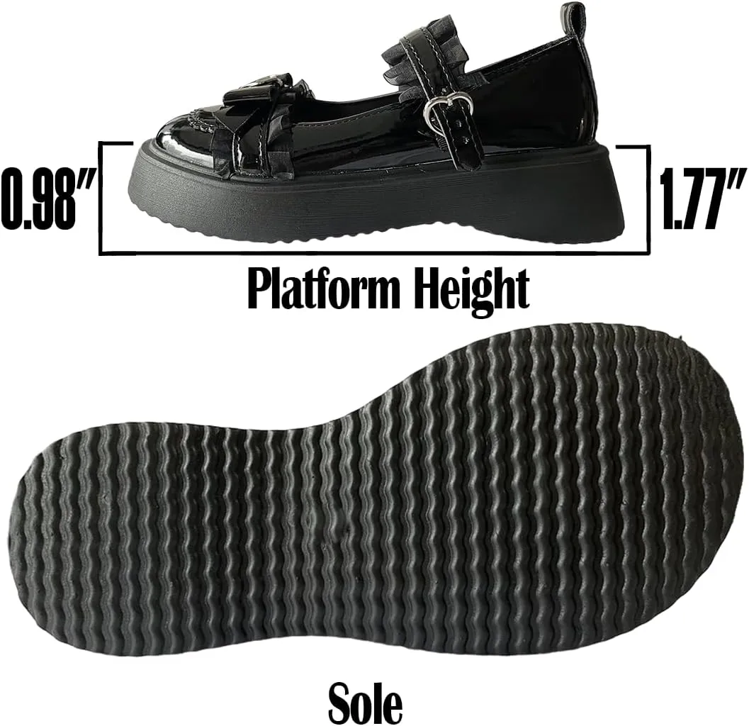 Y2K Goth Kawaii Harajuku Lolita Round Toe Chunky Heels Heart Buckle Black Lace Trim Mary Jane Platform Shoes