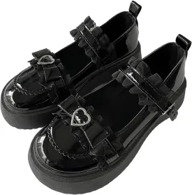 Y2K Goth Kawaii Harajuku Lolita Round Toe Chunky Heels Heart Buckle Black Lace Trim Mary Jane Platform Shoes
